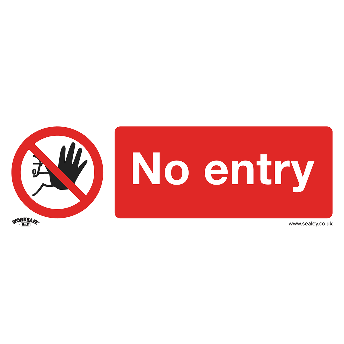 The Sealey Prohibition Safety Sign - No Entry - Self-Adhesive Vinyl (SS14V1) features a red circle and diagonal line over a hand symbol on the left, with the words "No entry" in white on a red background on the right. It is ideal for commercial environments or office use.