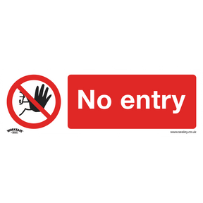 The Sealey Prohibition Safety Sign - No Entry - Self-Adhesive Vinyl (SS14V1) features a red circle and diagonal line over a hand symbol on the left, with the words "No entry" in white on a red background on the right. It is ideal for commercial environments or office use.