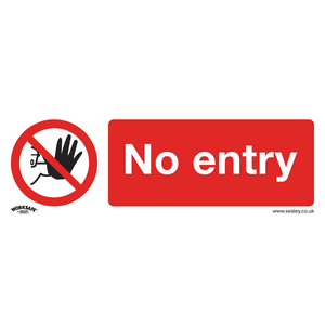 The Sealey Prohibition Safety Sign - No Entry - Self-Adhesive Vinyl (SS14V1) features a red circle and diagonal line over a hand symbol on the left, with the words "No entry" in white on a red background on the right. It is ideal for commercial environments or office use.