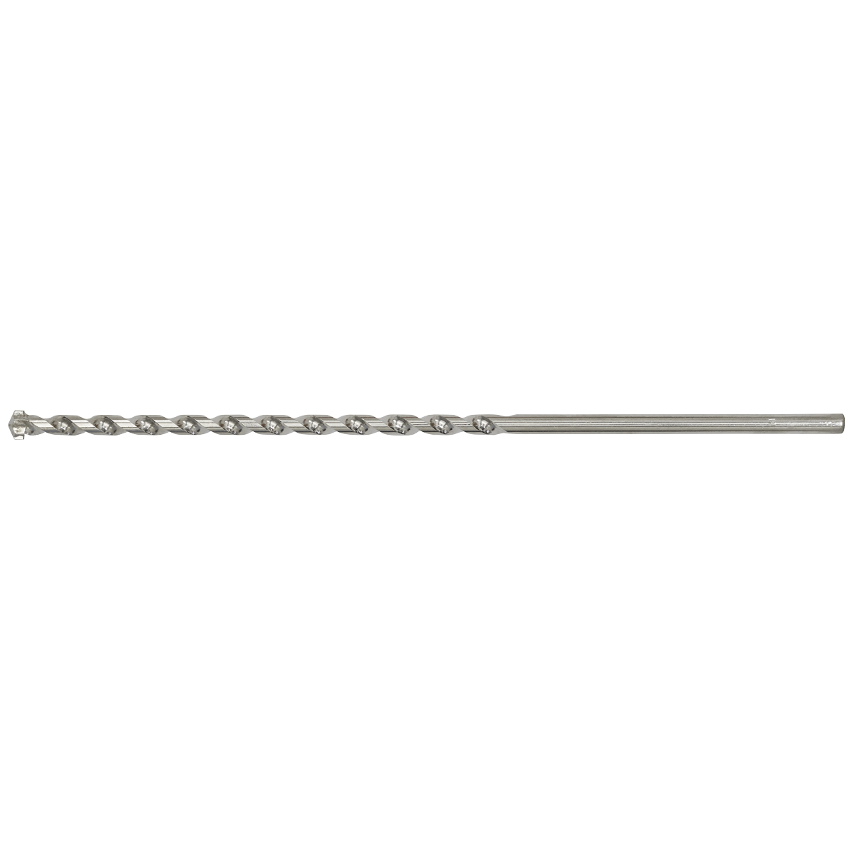 A long, metal Sealey Straight Shank Rotary Impact Drill Bit Ø14 x 400mm (SS14x400) with a spiral design for general-purpose drilling into masonry materials.