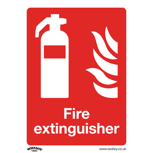 The Sealey Prohibition Safety Sign - Fire Extinguisher (SS15V10), featuring a red and white design with a fire extinguisher icon and flames along with the text "Fire extinguisher" below, is perfect for commercial environments. Made from self-adhesive vinyl, it ensures easy installation and comes in a pack of 10.