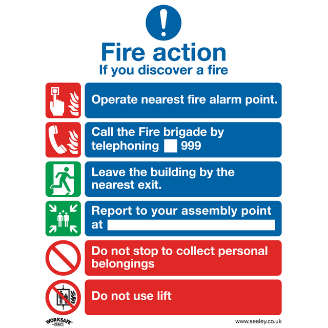 Safe Conditions Safety Sign - Fire Action With Lift - Rigid Plastic - SS19P1 - Farming Parts