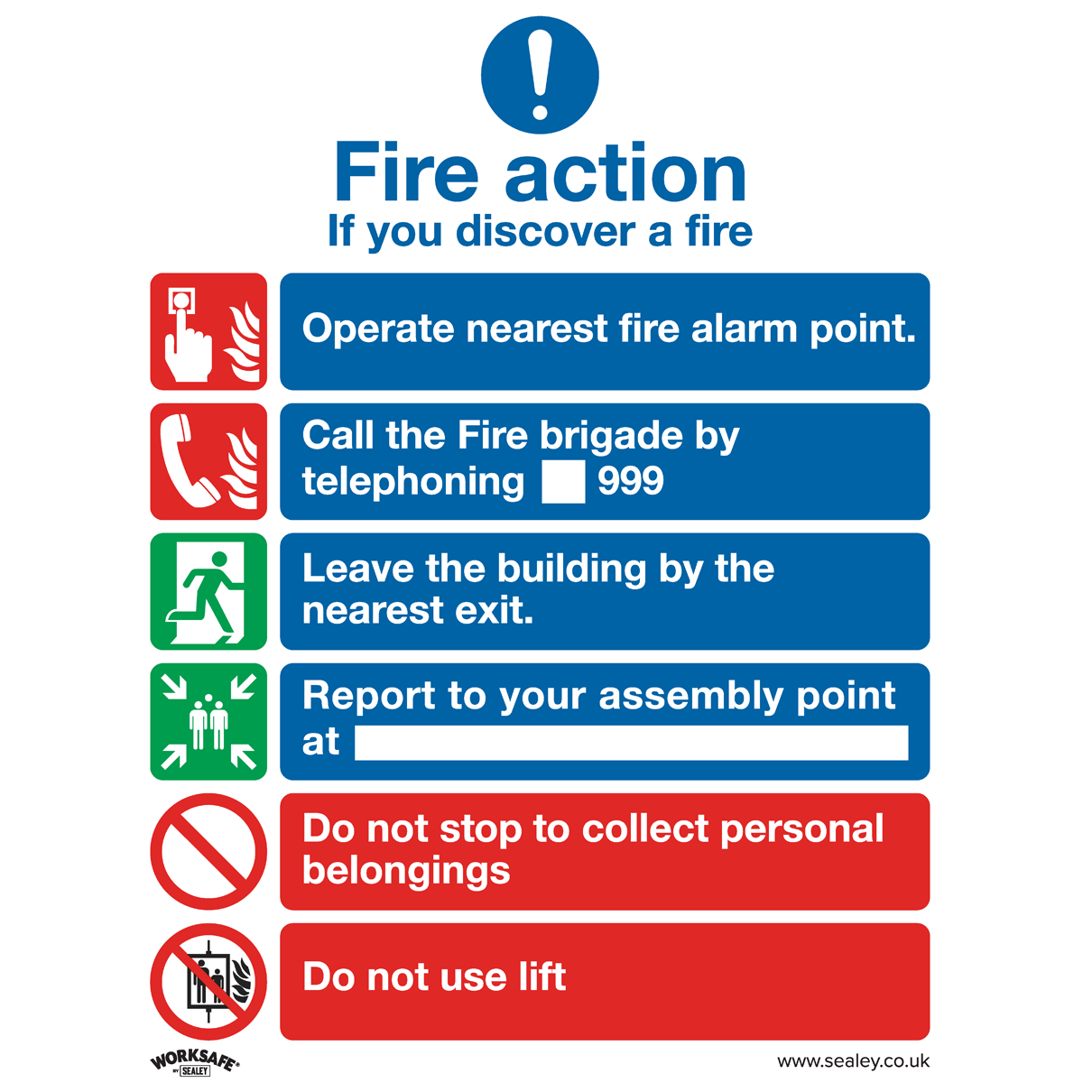 The "Safe Conditions Safety Sign - Fire Action With Lift" from Sealey, made of self-adhesive vinyl, is perfect for office workshop use. It instructs to operate the nearest fire alarm, call emergency services, leave by the nearest exit, report to the assembly point, avoid collecting personal belongings and refrain from using lifts. Available in a pack of 10 (SS19V10), it ensures easy application in commercial retail environments.