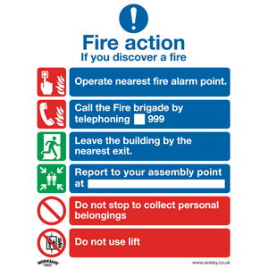 The "Safe Conditions Safety Sign - Fire Action With Lift" from Sealey, made of self-adhesive vinyl, is perfect for office workshop use. It instructs to operate the nearest fire alarm, call emergency services, leave by the nearest exit, report to the assembly point, avoid collecting personal belongings and refrain from using lifts. Available in a pack of 10 (SS19V10), it ensures easy application in commercial retail environments.