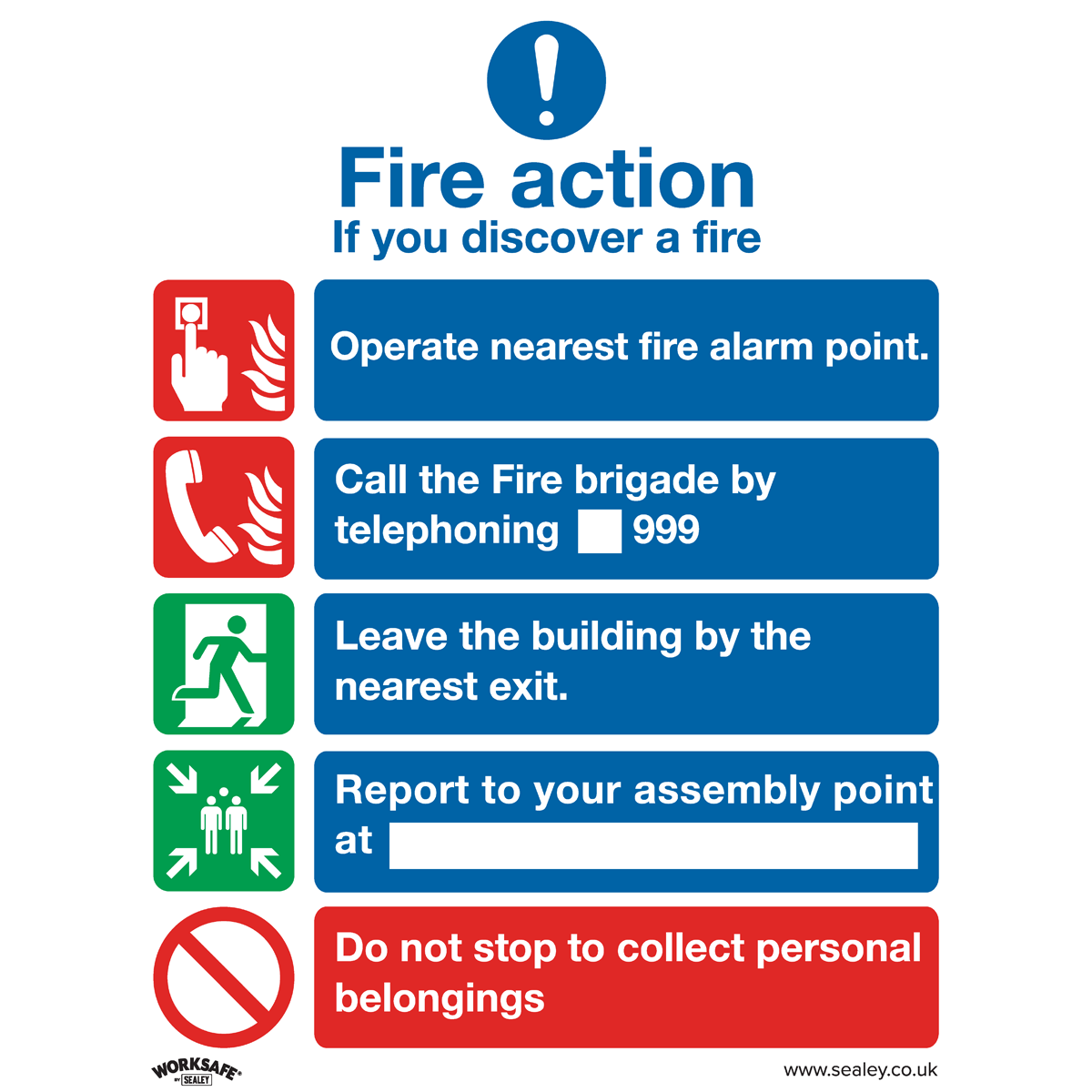 The Safe Conditions Safety Sign - Fire Action Without Lift (SS20P1) by Sealey is designed for office use and commercial environments. It instructs individuals to operate the nearest fire alarm, call the fire brigade at 999, exit via the nearest exit, report to the assembly point, and avoid collecting personal belongings. It is made from durable rigid plastic.