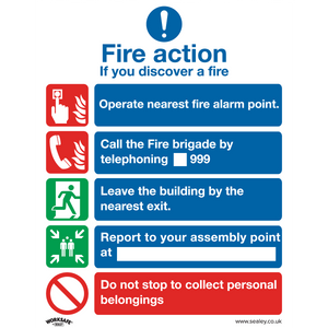 The Safe Conditions Safety Sign - Fire Action Without Lift (SS20P1) by Sealey is designed for office use and commercial environments. It instructs individuals to operate the nearest fire alarm, call the fire brigade at 999, exit via the nearest exit, report to the assembly point, and avoid collecting personal belongings. It is made from durable rigid plastic.