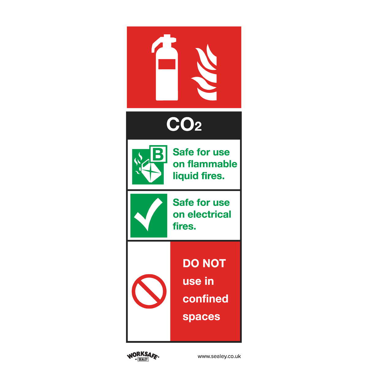 The Safe Conditions Safety Sign - CO2 Fire Extinguisher - Rigid Plastic - SS21P1 by Sealey, is ideal for office use and commercial environments, indicating it is safe for flammable liquid and electrical fires but should not be used in confined spaces.