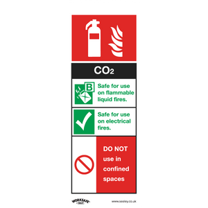 The Safe Conditions Safety Sign - CO2 Fire Extinguisher - Rigid Plastic - SS21P1 by Sealey, is ideal for office use and commercial environments, indicating it is safe for flammable liquid and electrical fires but should not be used in confined spaces.