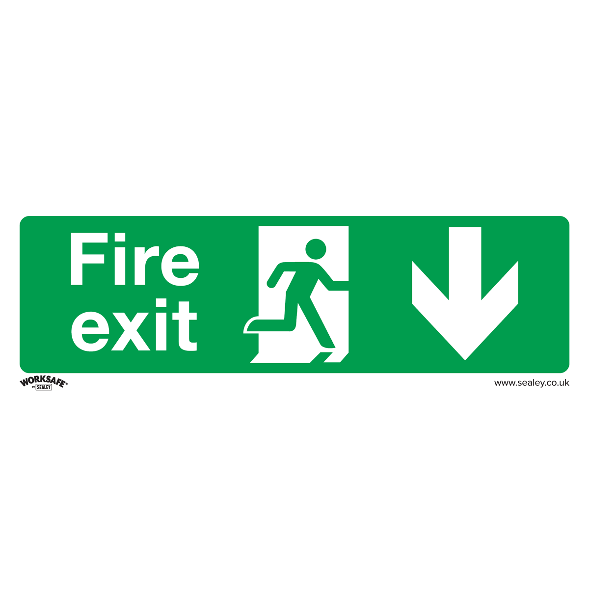 The Sealey Safe Conditions Safety Sign - Fire Exit (Down) - features a green background with white text reading "Fire exit," accompanied by an icon of a running figure next to a downward-pointing arrow. Made from durable rigid plastic, this pack of 10 signs (product code: SS22P10) is ideal for commercial environments.