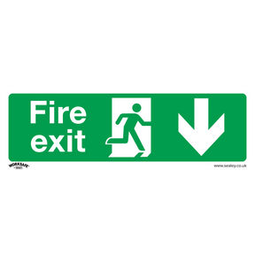 The Sealey Safe Conditions Safety Sign - Fire Exit (Down) - features a green background with white text reading "Fire exit," accompanied by an icon of a running figure next to a downward-pointing arrow. Made from durable rigid plastic, this pack of 10 signs (product code: SS22P10) is ideal for commercial environments.