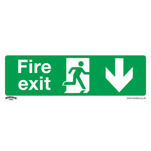 The Sealey Safe Conditions Safety Sign - Fire Exit (Down) - features a green background with white text reading "Fire exit," accompanied by an icon of a running figure next to a downward-pointing arrow. Made from durable rigid plastic, this pack of 10 signs (product code: SS22P10) is ideal for commercial environments.