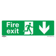 The Safe Conditions Safety Sign - Fire Exit (Down) - Rigid Plastic - SS22P1 by Sealey is a green fire exit sign featuring white text and an icon of a person running towards an open door, with a downward arrow to indicate the exit direction, making it ideal for office use. This rigid plastic sign is perfect for commercial environments.