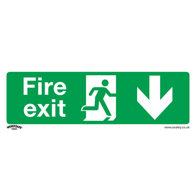 The Safe Conditions Safety Sign - Fire Exit (Down) - Rigid Plastic - SS22P1 by Sealey is a green fire exit sign featuring white text and an icon of a person running towards an open door, with a downward arrow to indicate the exit direction, making it ideal for office use. This rigid plastic sign is perfect for commercial environments.