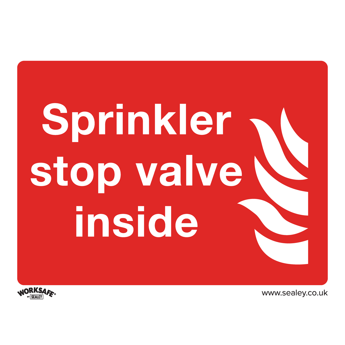 Sealey Safe Conditions Safety Sign - Sprinkler Stop Valve - Rigid Plastic (SS23P1) features a red and white design with a flame icon on the right side, making it ideal for commercial use. Perfect for office workshops due to its durable construction.