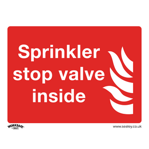 Sealey Safe Conditions Safety Sign - Sprinkler Stop Valve - Rigid Plastic (SS23P1) features a red and white design with a flame icon on the right side, making it ideal for commercial use. Perfect for office workshops due to its durable construction.