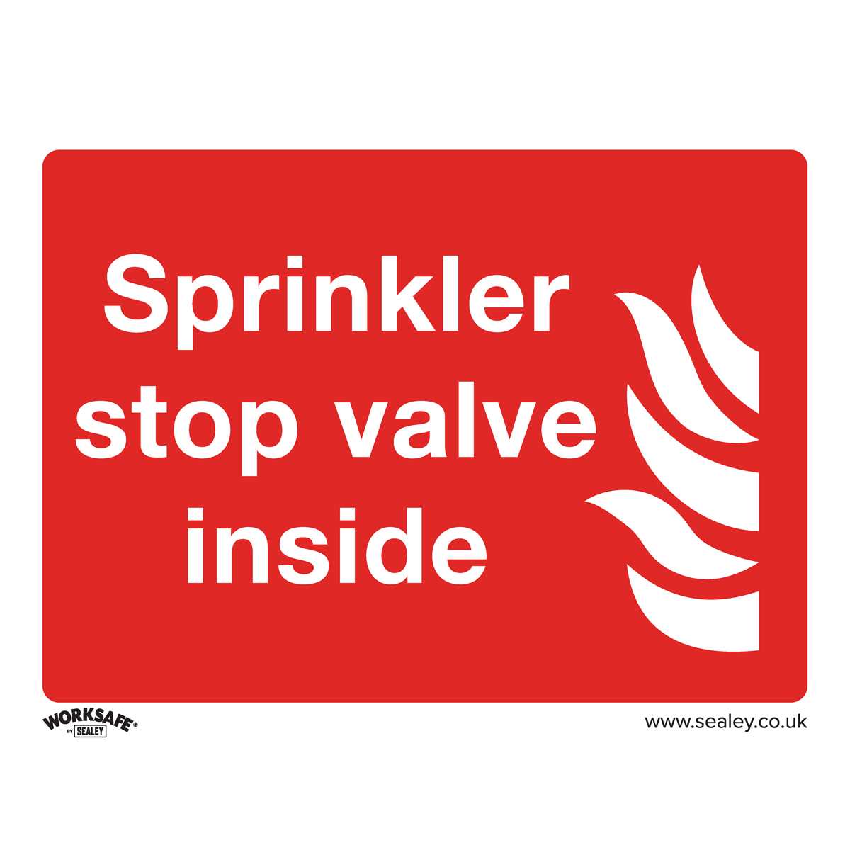 The Sealey Safe Conditions Safety Sign, SS23V10, is an ideal choice for office or commercial environments. This pack of 10 self-adhesive vinyl signs features a red and white design with the text "Sprinkler stop valve inside" and a flame symbol on the right side, ensuring easy application and durability.