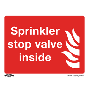 The Sealey Safe Conditions Safety Sign, SS23V10, is an ideal choice for office or commercial environments. This pack of 10 self-adhesive vinyl signs features a red and white design with the text "Sprinkler stop valve inside" and a flame symbol on the right side, ensuring easy application and durability.