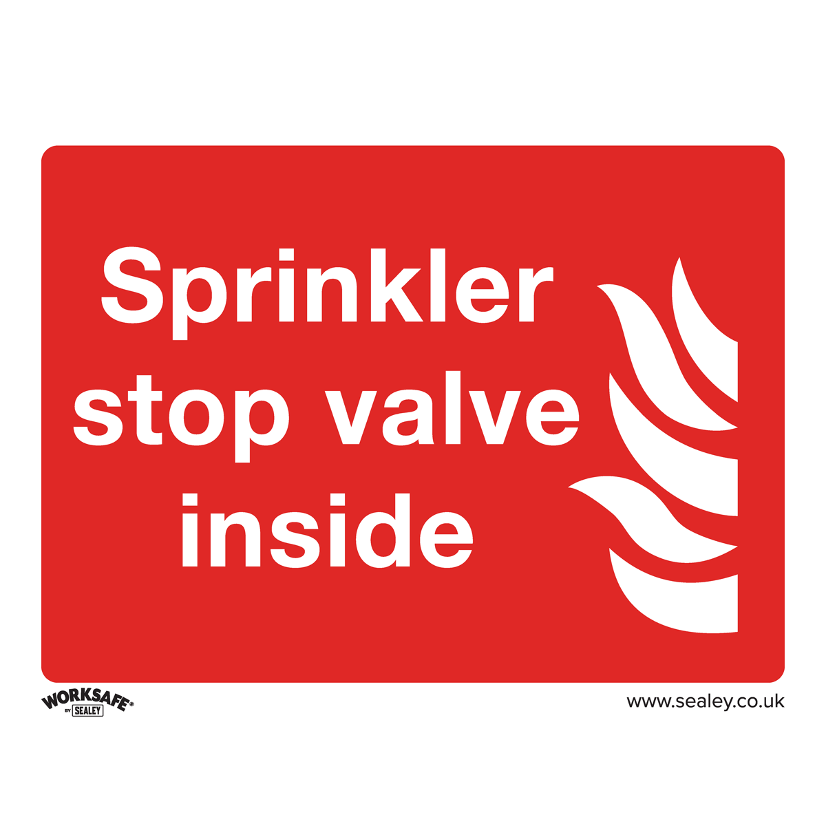 The Sealey Safe Conditions Safety Sign - Sprinkler Stop Valve (SS23V1) features a red and white sign with the text "Sprinkler stop valve inside" and a flame symbol on the right. It includes logos for "WORKSAFE" and "sealey.co.uk" at the bottom corners. Ideal for commercial environments, this self-adhesive vinyl sign ensures safety compliance effortlessly.