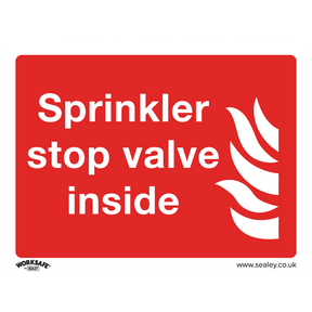 The Sealey Safe Conditions Safety Sign - Sprinkler Stop Valve (SS23V1) features a red and white sign with the text "Sprinkler stop valve inside" and a flame symbol on the right. It includes logos for "WORKSAFE" and "sealey.co.uk" at the bottom corners. Ideal for commercial environments, this self-adhesive vinyl sign ensures safety compliance effortlessly.