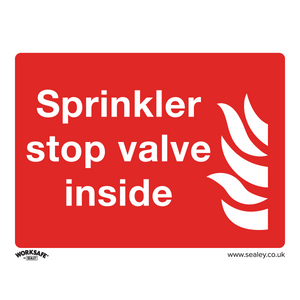 The Sealey Safe Conditions Safety Sign - Sprinkler Stop Valve (SS23V1) features a red and white sign with the text "Sprinkler stop valve inside" and a flame symbol on the right. It includes logos for "WORKSAFE" and "sealey.co.uk" at the bottom corners. Ideal for commercial environments, this self-adhesive vinyl sign ensures safety compliance effortlessly.