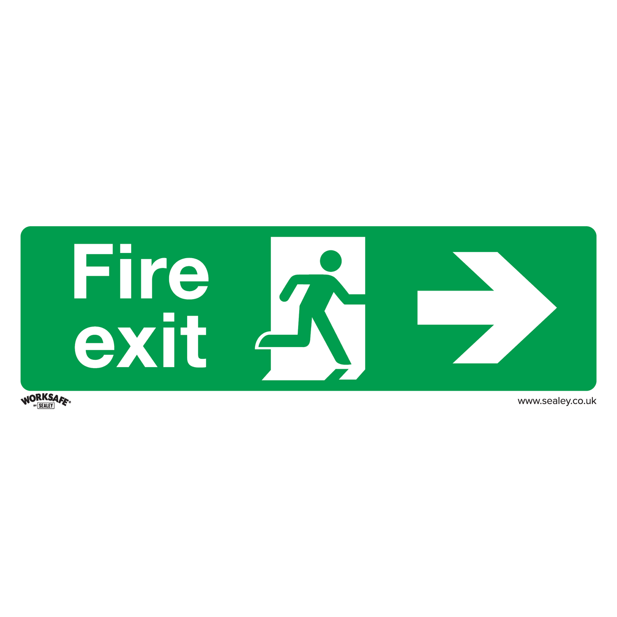 Sealey's Safe Conditions Safety Sign - Fire Exit (Right) is made of rigid plastic, featuring green and white colors, with the text "Fire exit," an arrow pointing to the right, and an icon of a person running towards an open door. Ideal for office use and available in a pack of 10 (SS24P10).