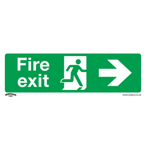 Sealey's Safe Conditions Safety Sign - Fire Exit (Right) is made of rigid plastic, featuring green and white colors, with the text "Fire exit," an arrow pointing to the right, and an icon of a person running towards an open door. Ideal for office use and available in a pack of 10 (SS24P10).