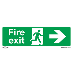 The Safe Conditions Safety Sign - Fire Exit (Right) by Sealey (SS24V1) features a green fire exit sign with a person running towards an open door on the left and a right-pointing arrow on the right, making it perfect for office workshops and commercial retail environments. The self-adhesive vinyl ensures easy installation and durability.