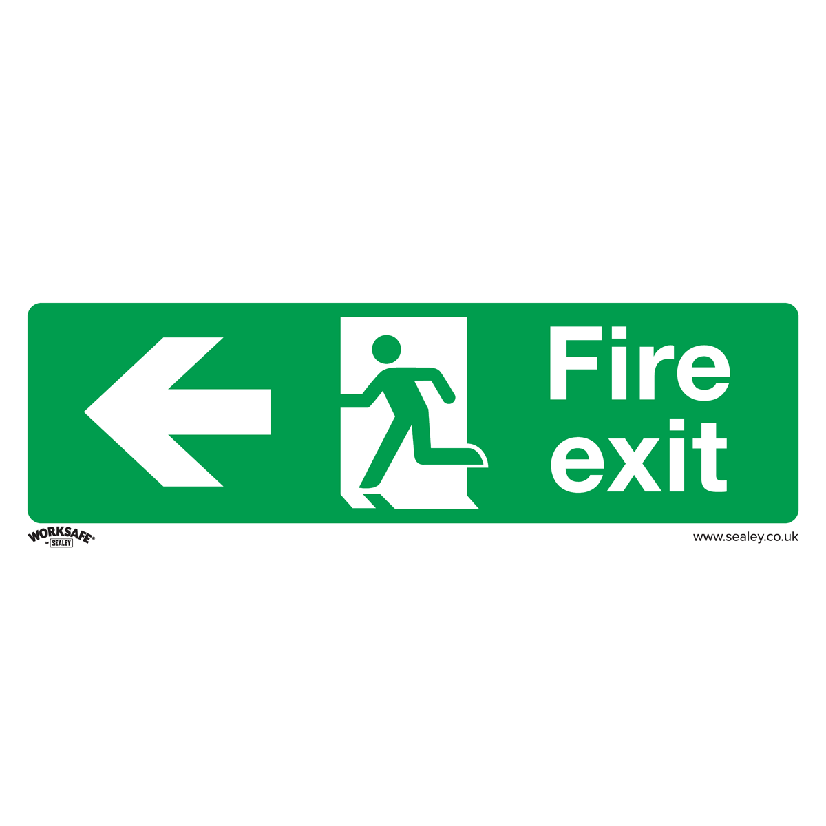 The Sealey Safe Conditions Safety Sign - Fire Exit (Left) - Rigid Plastic - Pack of 10 (SS25P10) features a green design with a left-pointing arrow and a running figure, making it perfect for commercial environments and office signage to indicate the direction to the fire exit.