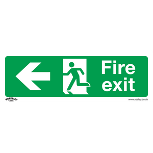 The Sealey Safe Conditions Safety Sign - Fire Exit (Left) - Rigid Plastic - Pack of 10 (SS25P10) features a green design with a left-pointing arrow and a running figure, making it perfect for commercial environments and office signage to indicate the direction to the fire exit.