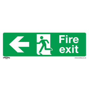 Pack of 10 Sealey Safe Conditions Safety Sign - Fire Exit (Left) - Self-Adhesive Vinyl, featuring a green and white design with a left-pointing arrow and an icon of a running person beside the text "Fire exit," ideal for commercial environments. Model: SS25V10.