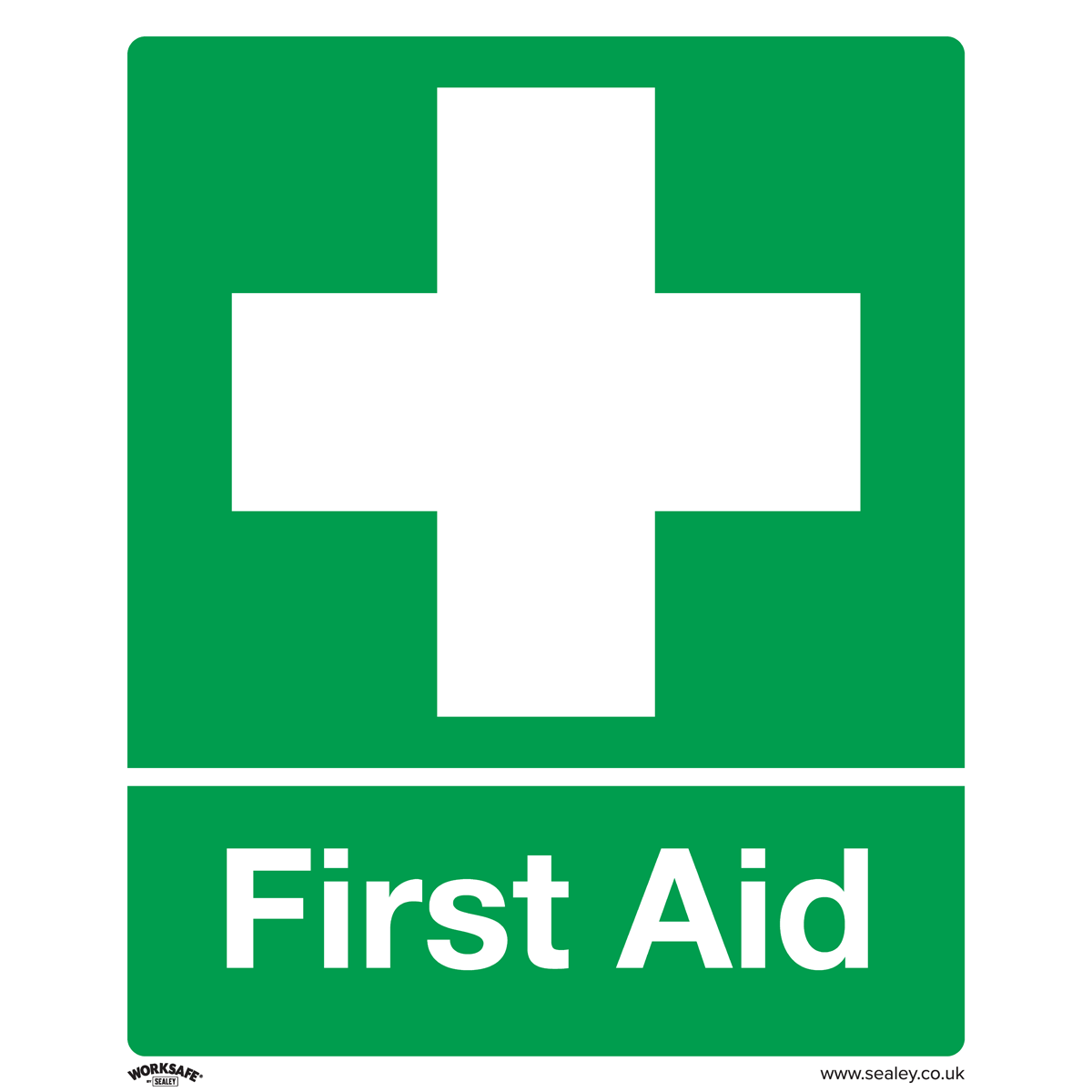 The Sealey Safety Sign - First Aid, featuring a white cross symbol above the text "First Aid" on a green background, is crafted from durable rigid plastic and ideal for commercial or office use.