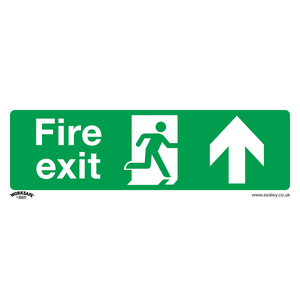 The Sealey Safe Conditions Safety Sign - Fire Exit (Up) - Self-Adhesive Vinyl (SS28V1) is perfect for office use and commercial environments, featuring a green fire exit sign with a running figure, an upward arrow, and the text "Fire exit," all made from self-adhesive vinyl for easy application.