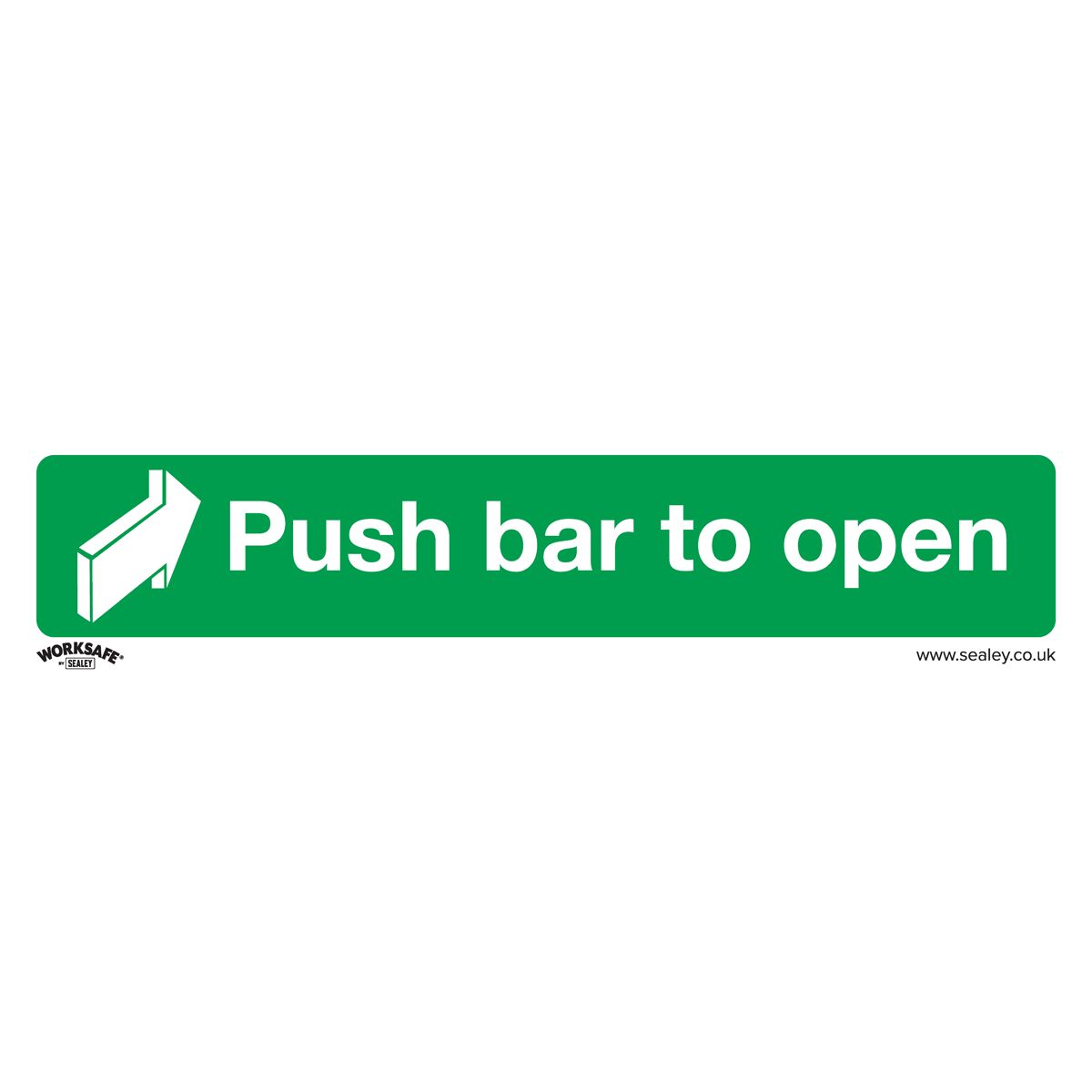 A green safety sign with white text and a right arrow reads "Push Bar To Open." Crafted from self-adhesive vinyl, this Safe Conditions Safety Sign by Sealey is ideal for commercial environments and comes in a convenient pack of 10 (SS29V10).