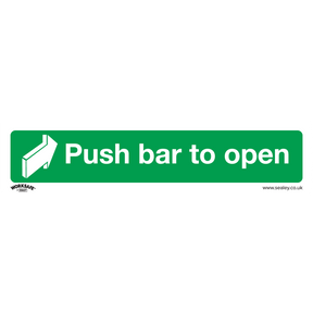 A green safety sign with white text and a right arrow reads "Push Bar To Open." Crafted from self-adhesive vinyl, this Safe Conditions Safety Sign by Sealey is ideal for commercial environments and comes in a convenient pack of 10 (SS29V10).
