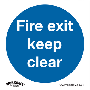 The "Mandatory Safety Sign - Fire Exit Keep Clear - Rigid Plastic - SS2P1" by Sealey is a blue circle with the text "Fire exit keep clear." Made from rigid plastic, it features the Sealey logo and the website www.sealey.co.uk at the bottom. This sign is suitable for office or commercial environments.