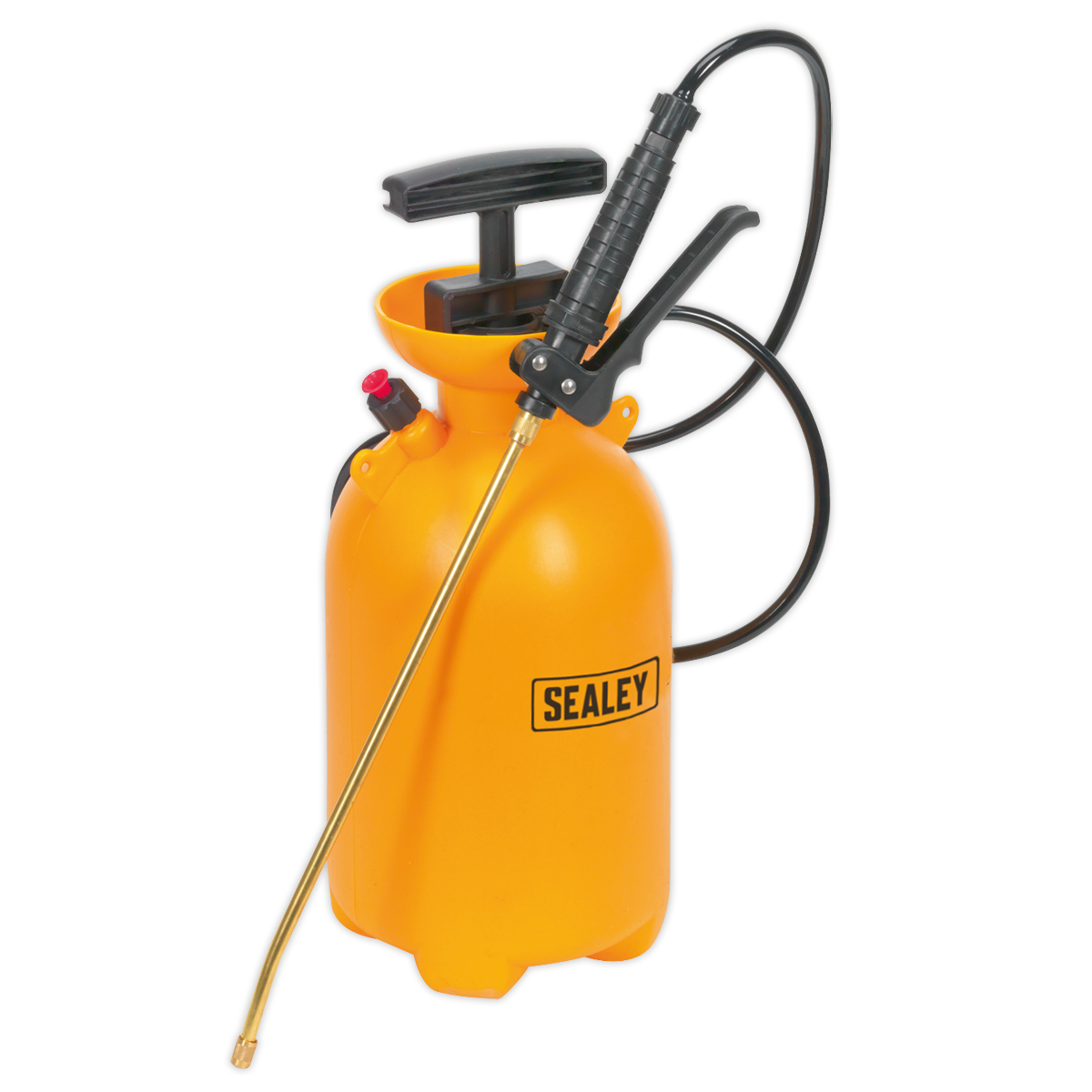 The Sealey Pressure Sprayer 5L - SS2 is an orange manual sprayer featuring a black handle, a long nozzle, an attached hose, and an adjustable nozzle for precision.