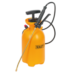 The Sealey Pressure Sprayer 5L - SS2 is an orange manual sprayer featuring a black handle, a long nozzle, an attached hose, and an adjustable nozzle for precision.