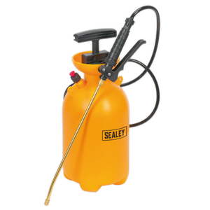 The Sealey Pressure Sprayer 5L - SS2 is an orange manual sprayer featuring a black handle, a long nozzle, an attached hose, and an adjustable nozzle for precision.