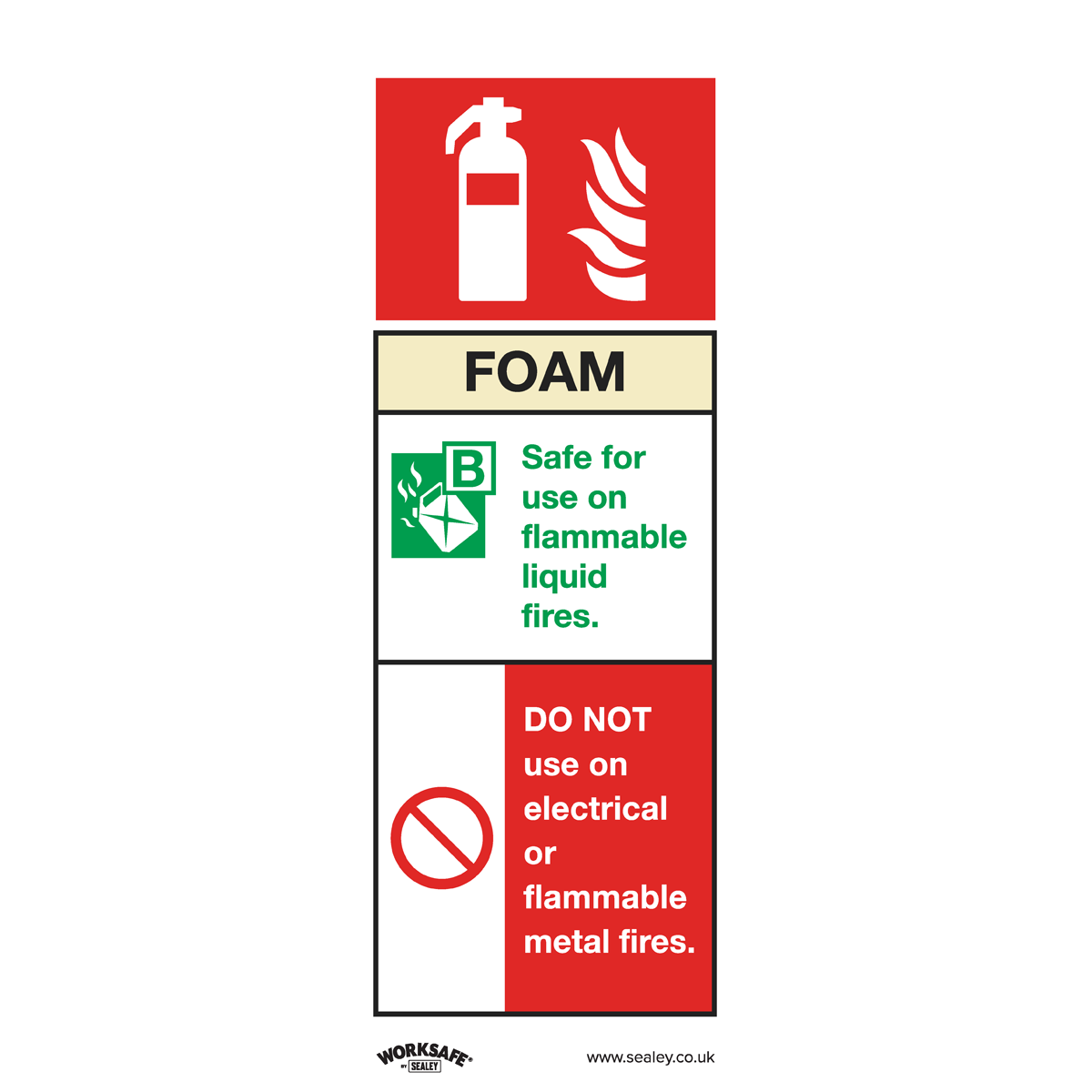 The Sealey Safe Conditions Safety Sign (SS30P1), made from rigid plastic, features a foam fire extinguisher icon, a flammable liquids symbol, and a prohibition of use on electrical or flammable metal fires. This sign is perfect for commercial environments and ensures safety in case of flammable liquid fires.