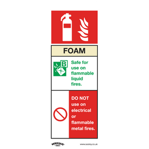 The Sealey Safe Conditions Safety Sign (SS30P1), made from rigid plastic, features a foam fire extinguisher icon, a flammable liquids symbol, and a prohibition of use on electrical or flammable metal fires. This sign is perfect for commercial environments and ensures safety in case of flammable liquid fires.