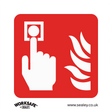 The Sealey Safe Conditions Safety Sign - Fire Alarm Symbol - Rigid Plastic (SS31P1) features a red backdrop with a white hand pressing a button against a fiery background, clearly indicating an emergency fire alarm button—perfect for office and commercial environments.