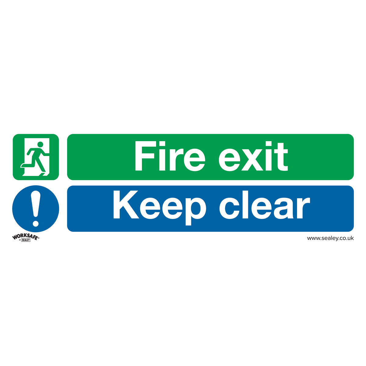 The Safe Conditions Safety Sign - Fire Exit Keep Clear (Large) by Sealey, made of rigid plastic, features a running person icon. The sign has green text reading "Fire exit" and blue text reading "Keep clear." Ideal for commercial environments, it comes in a convenient pack of 10 (Product Code: SS32P10).