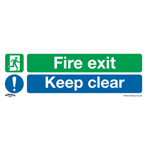 The Safe Conditions Safety Sign - Fire Exit Keep Clear (Large) by Sealey, made of rigid plastic, features a running person icon. The sign has green text reading "Fire exit" and blue text reading "Keep clear." Ideal for commercial environments, it comes in a convenient pack of 10 (Product Code: SS32P10).