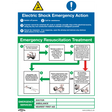 Sealey's Safe Conditions Safety Sign - Electric Shock Emergency Action (SS33P10) features an infographic detailing electric shock emergency actions and resuscitation treatment steps, ideal for office use and commercial environments. This durable rigid plastic sign includes a flowchart on response actions, resuscitation steps, and emergency services contacts. Available in a pack of 10.