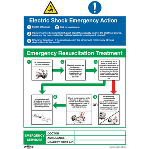 Sealey's Safe Conditions Safety Sign - Electric Shock Emergency Action (SS33P10) features an infographic detailing electric shock emergency actions and resuscitation treatment steps, ideal for office use and commercial environments. This durable rigid plastic sign includes a flowchart on response actions, resuscitation steps, and emergency services contacts. Available in a pack of 10.