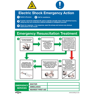 The Sealey Safe Conditions Safety Sign - Electric Shock Emergency Action - Rigid Plastic (SS33P1) is a poster that details the steps for electric shock emergency action and resuscitation treatment with illustrated instructions, making it suitable for office use. It includes resuscitation techniques and emergency services contact information, making it ideal for commercial environments.