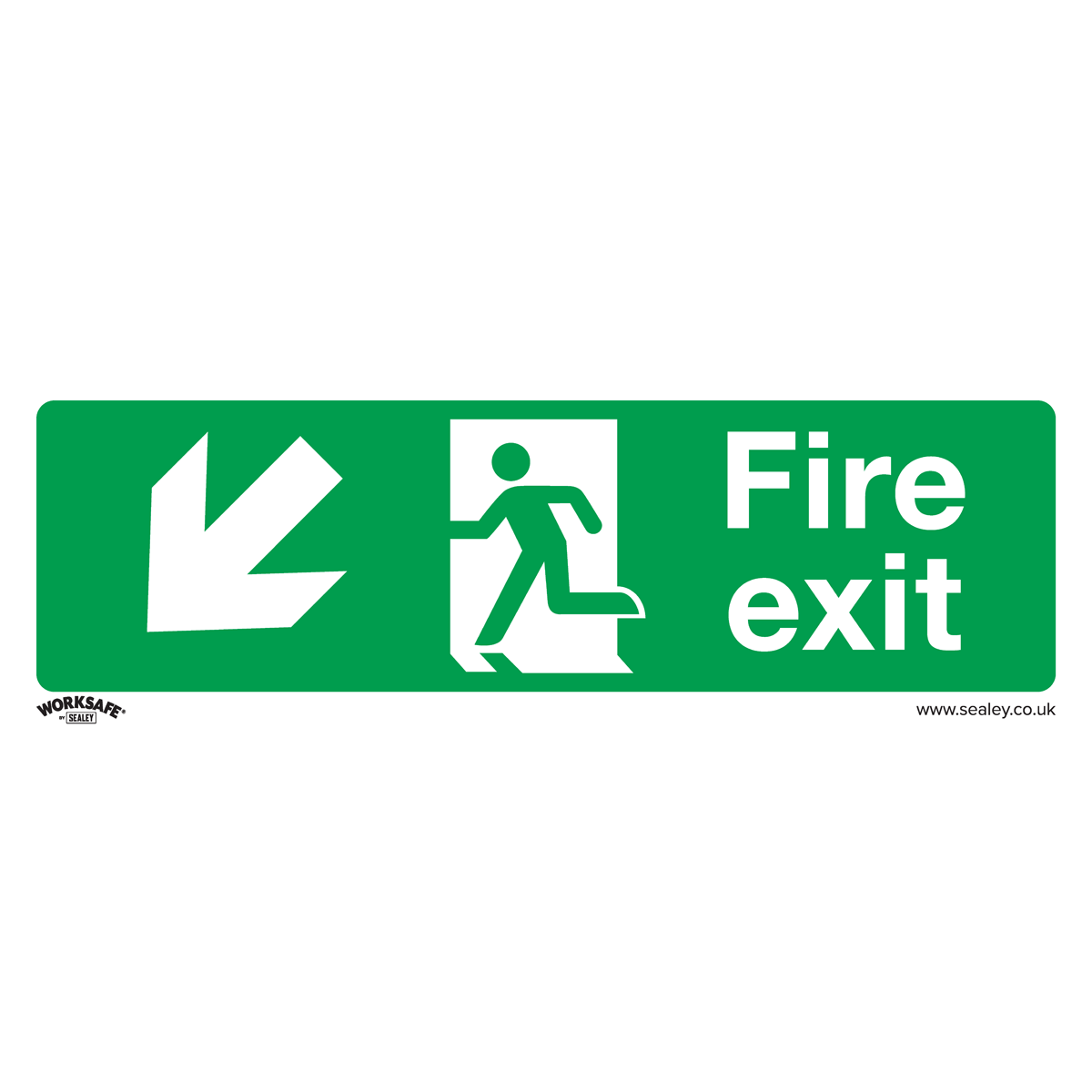 The Sealey Safe Conditions Safety Sign - Fire Exit (Down Left) features a green background with a white arrow pointing down and left, an icon of a person running through a door, and the text "Fire exit." Ideal for office use, this sign is made from durable rigid plastic and comes available in a pack of 10. Model number: SS34P10.