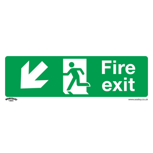 The Sealey Safe Conditions Safety Sign - Fire Exit (Down Left) features a green background with a white arrow pointing down and left, an icon of a person running through a door, and the text "Fire exit." Ideal for office use, this sign is made from durable rigid plastic and comes available in a pack of 10. Model number: SS34P10.