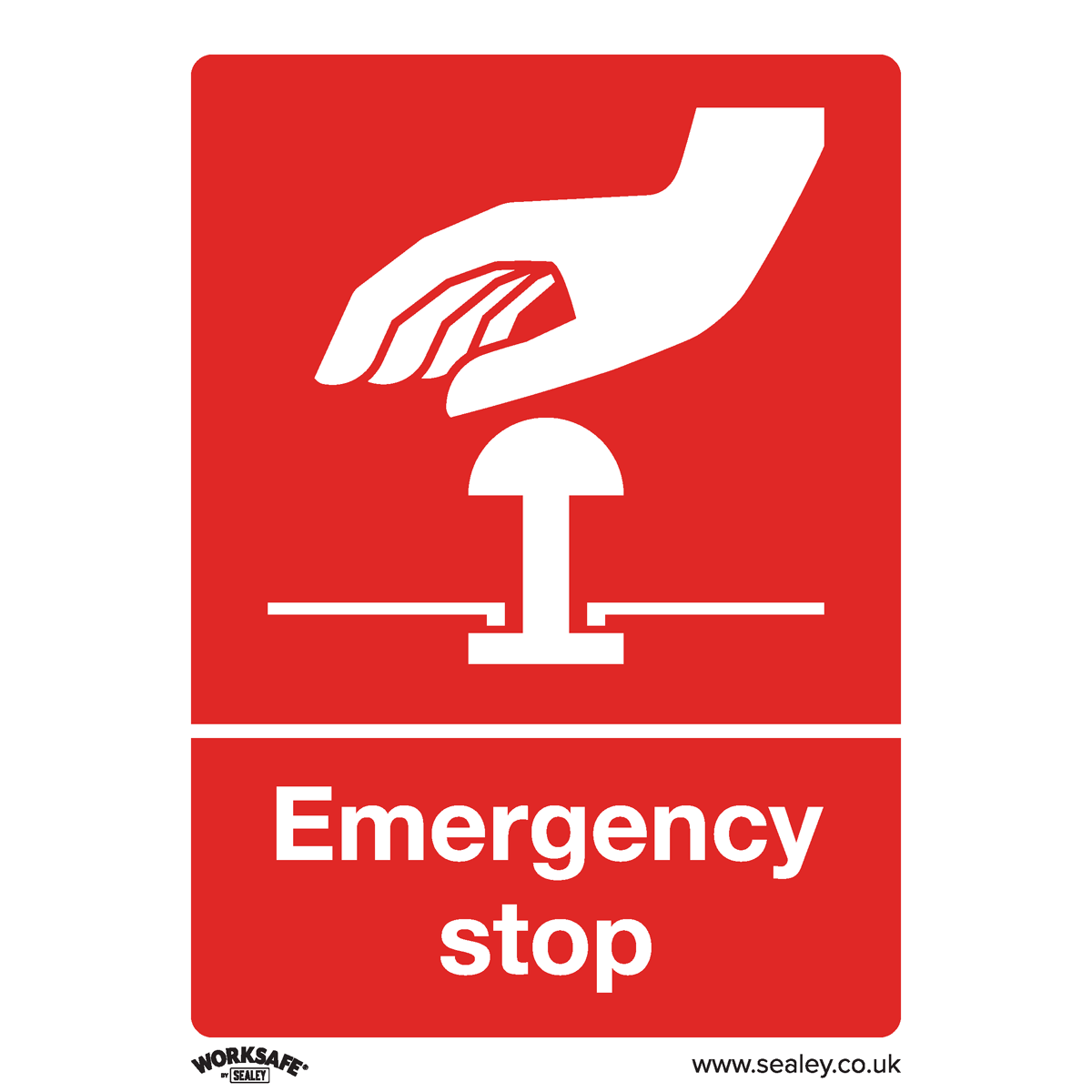 The Sealey Safe Conditions Safety Sign - Emergency Stop (SS35P10) is a red, rigid plastic sign featuring a hand pressing a button and the text "Emergency stop," perfect for both office and commercial environments. Available in a pack of 10.