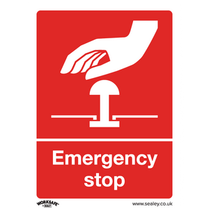 The Sealey Safe Conditions Safety Sign - Emergency Stop (SS35P10) is a red, rigid plastic sign featuring a hand pressing a button and the text "Emergency stop," perfect for both office and commercial environments. Available in a pack of 10.